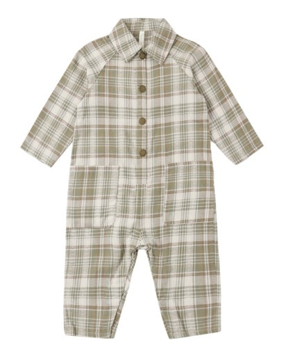 COLLARED BABY JUMPSUIT OLIVE DOBBY PLAID